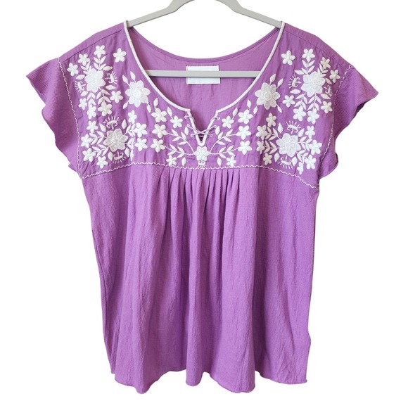 Lucky Brand Tops - Lucky Brand Purple Embroidered Boho Peasant 100% Cotton Floral Ethereal, Large